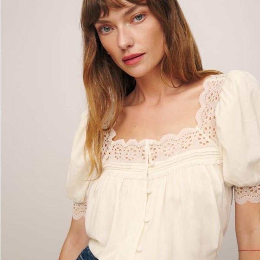 Reformation Ivory Lace Trim Blouse